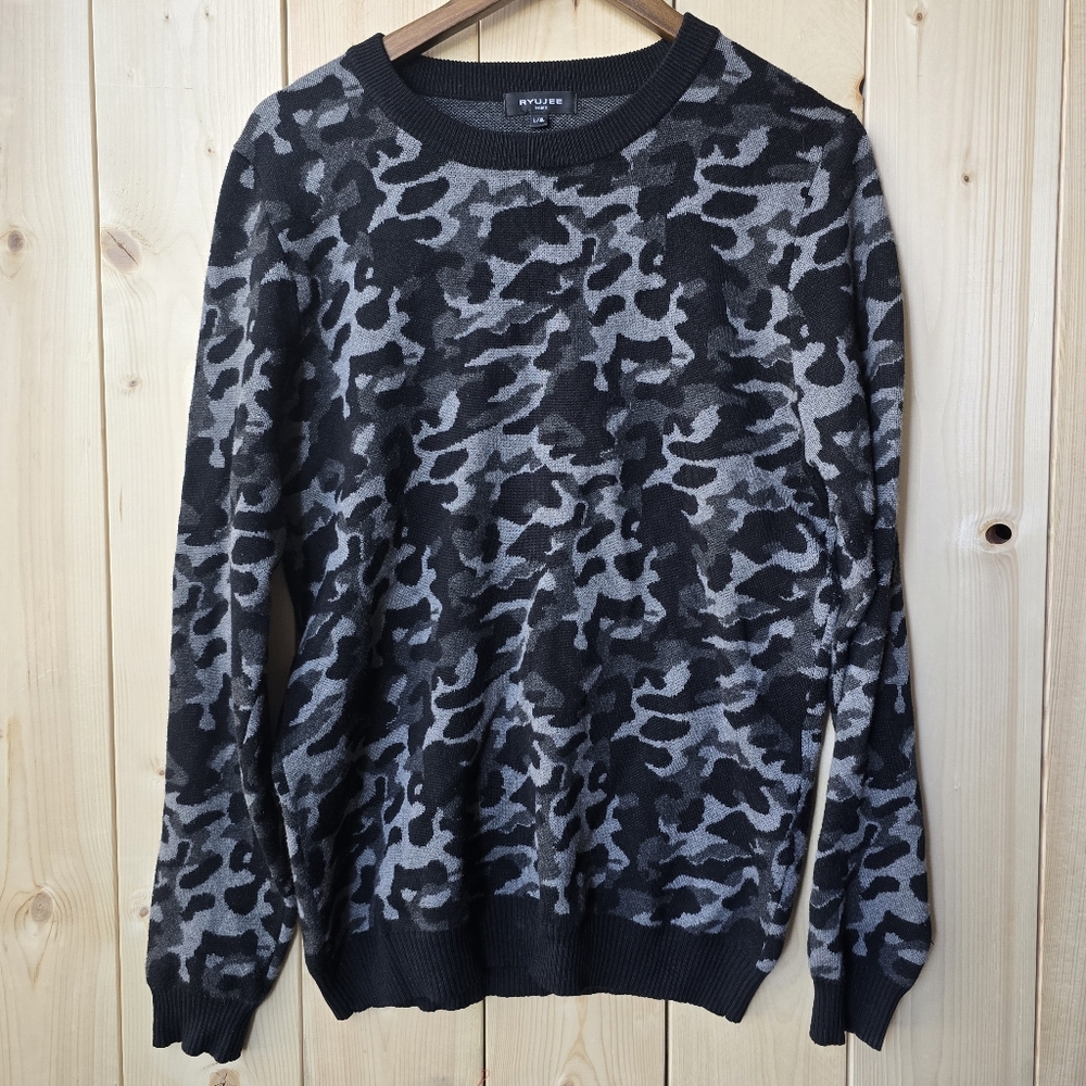 Ryujee Paris Phong Black Grey Camo Pullover Crewneck Sweater Mens L/XL